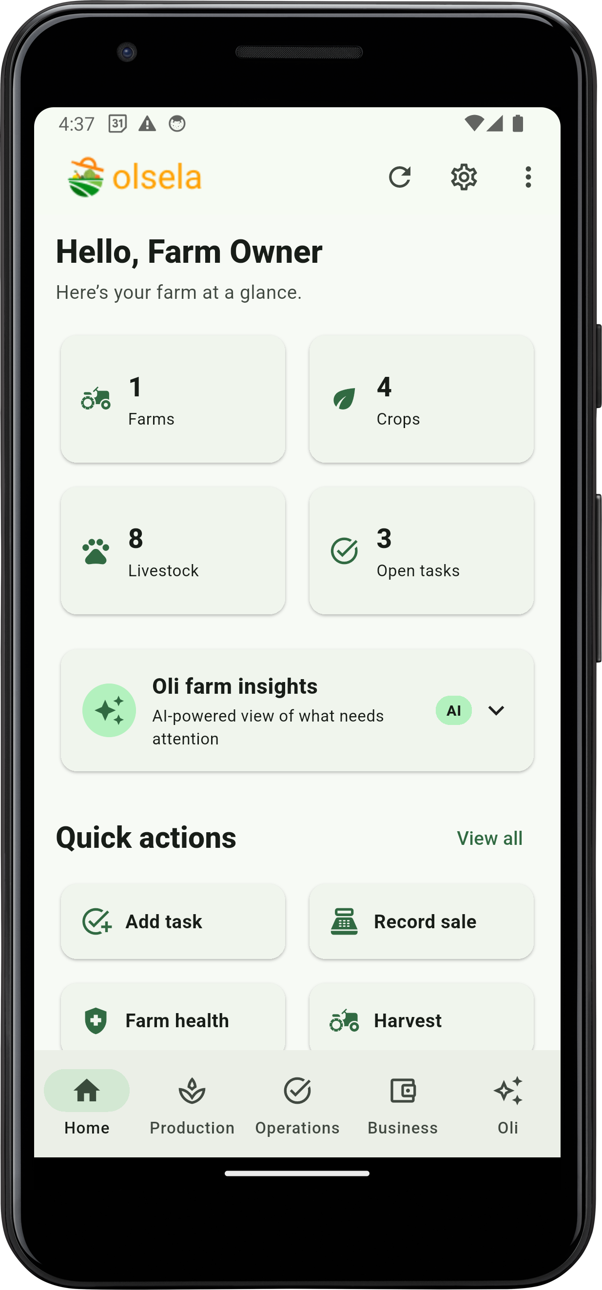 Olsela Android app dashboard